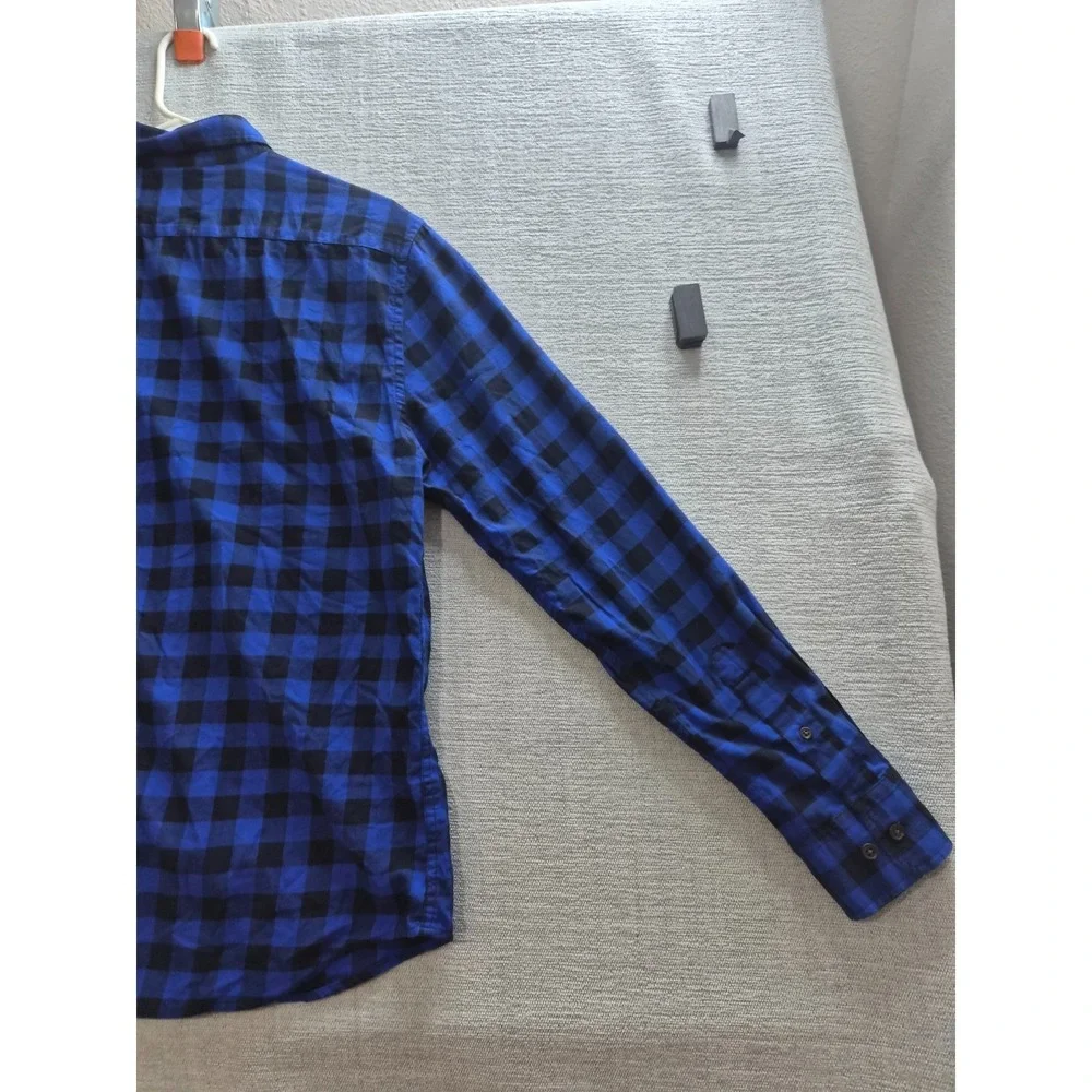 Banana Republic Shirt Men Medium Blue Black Buffalo Check Untucked Fit Button UP